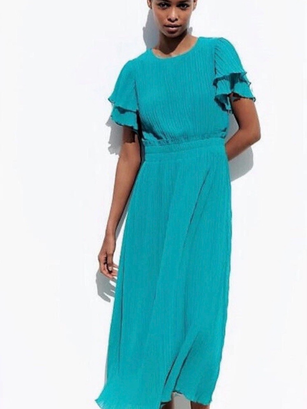 Zara Teal Pleated Maxi Dress with Ruffle Sleeves